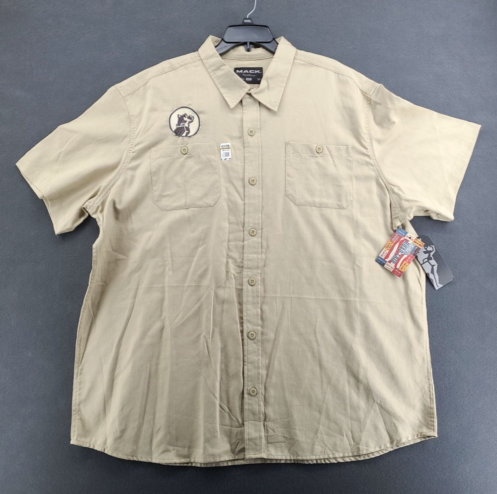 Mack Trucks Work Shirt Mens 3XL Beige Embroidered Bulldog Patch Garage SS NWT